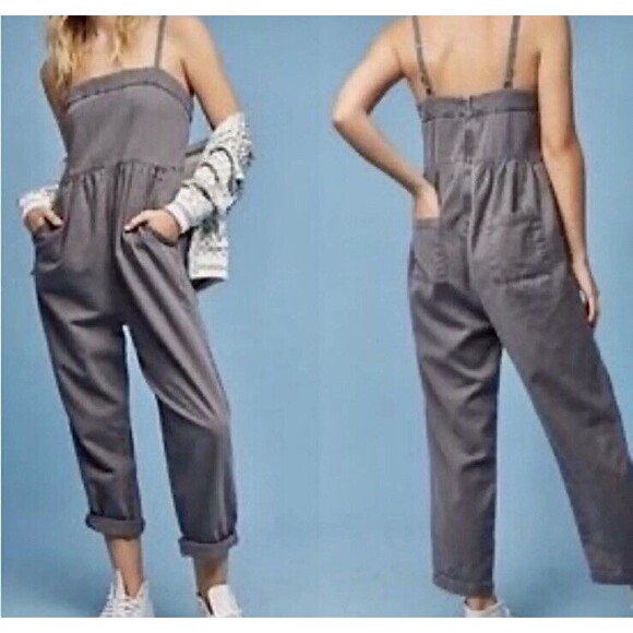 Anthropologie Equinox Postmark Jumpsuit Womens Small Apron Gray Overalls Linen - Picture 1 of 14